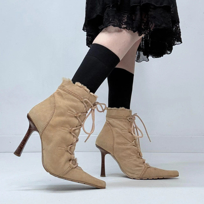 tan leather pointed suede heels