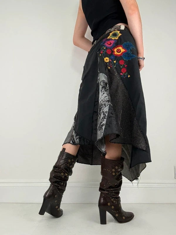 Patchwork embroidered asymmetric skirt