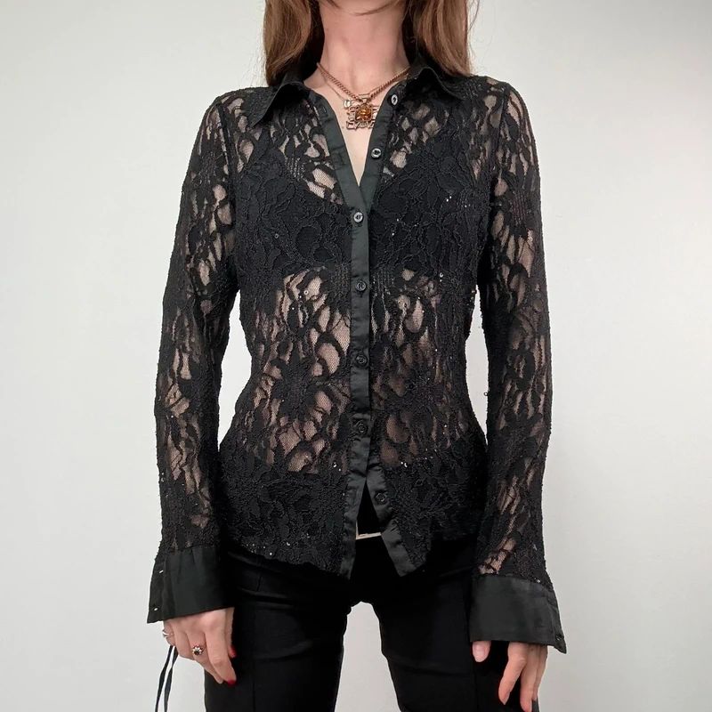 Sheer black Lace Flared Shirt