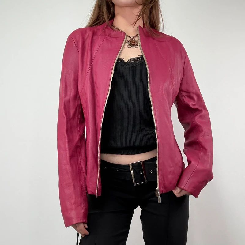 fitted 90s pink leather zip-up jacket
