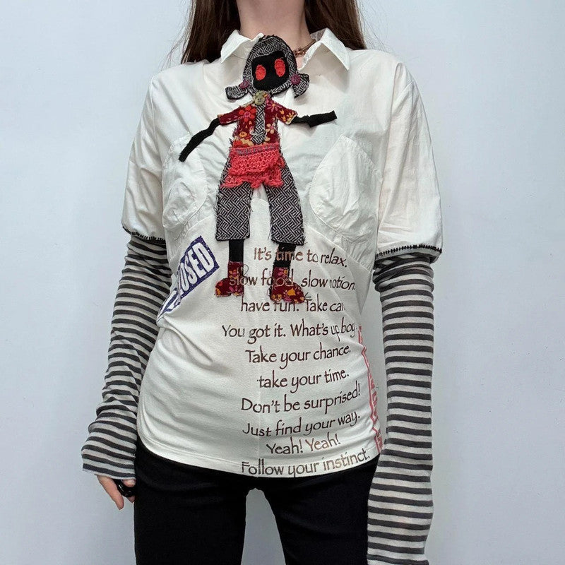 white graphic appliqué puff striped shirt