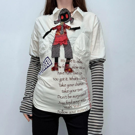 white graphic appliqué puff striped shirt