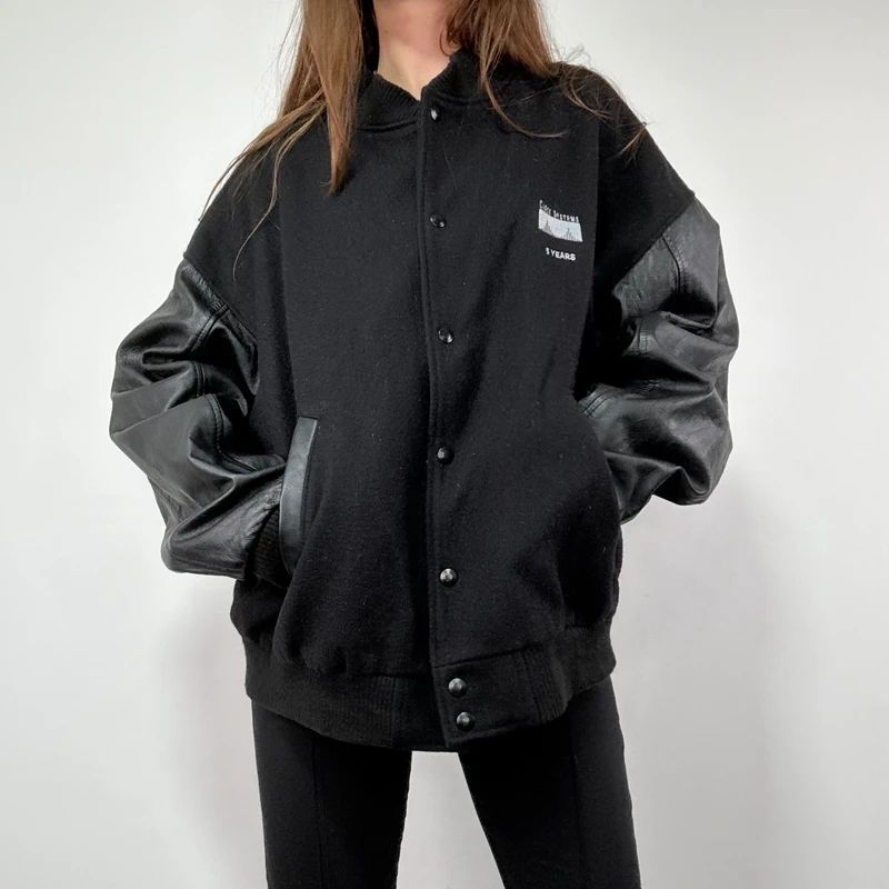 Black Leather Varsity Bomber Jacket
