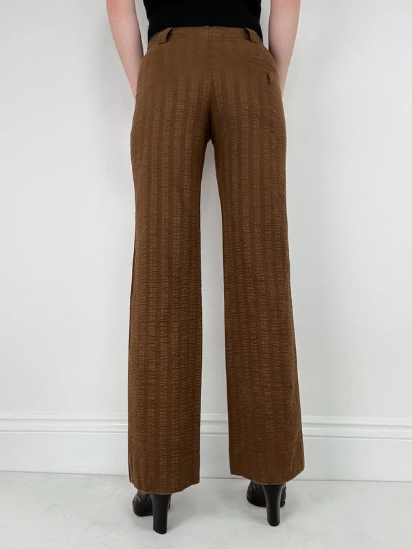brown pinstripe wide-leg textured flare trousers