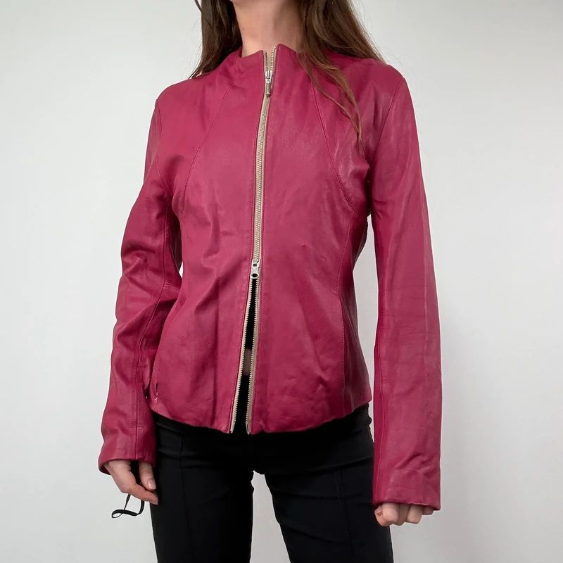 fitted 90s pink leather zip-up jacket