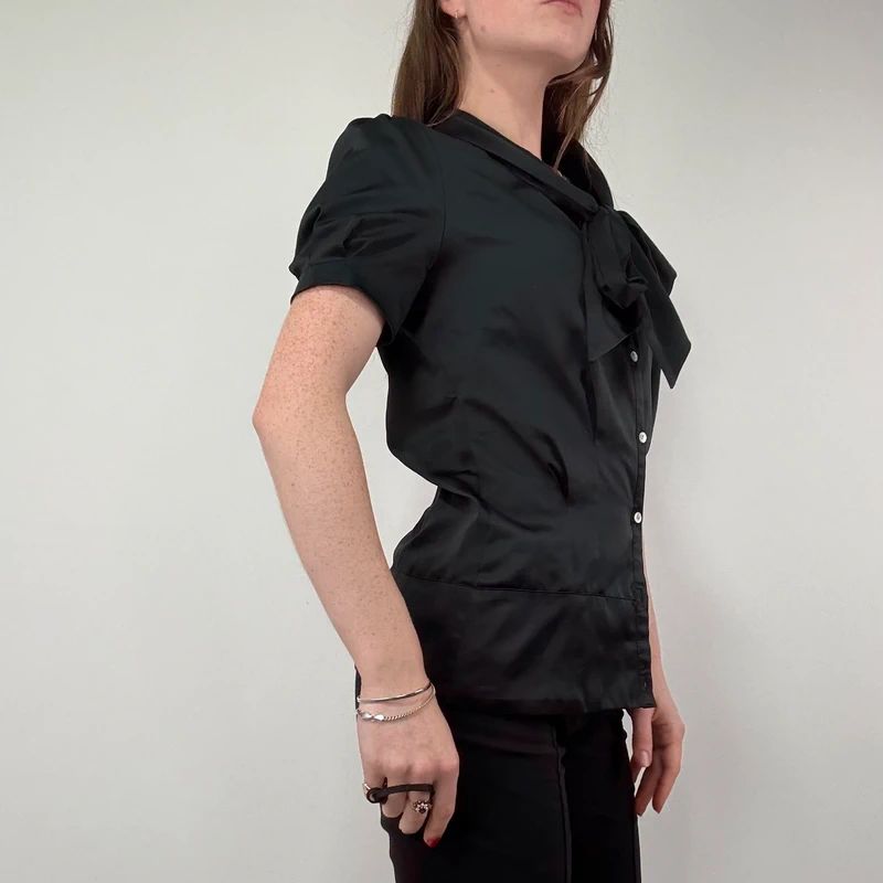 Black Satin Fitted Bow Shirt