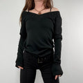 slouchy black off the shoulder glitter ribbed sweater