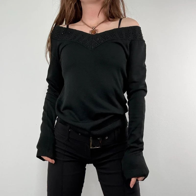 slouchy black off the shoulder glitter ribbed sweater