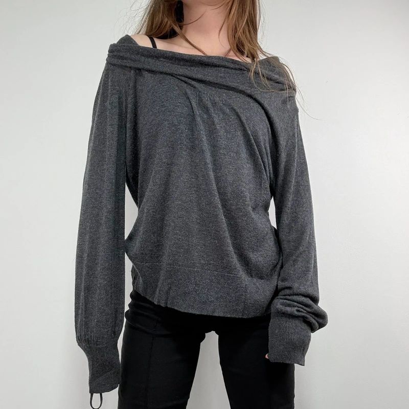 grey slouchy knit off-the-shoulder jumper, wool and silk blend