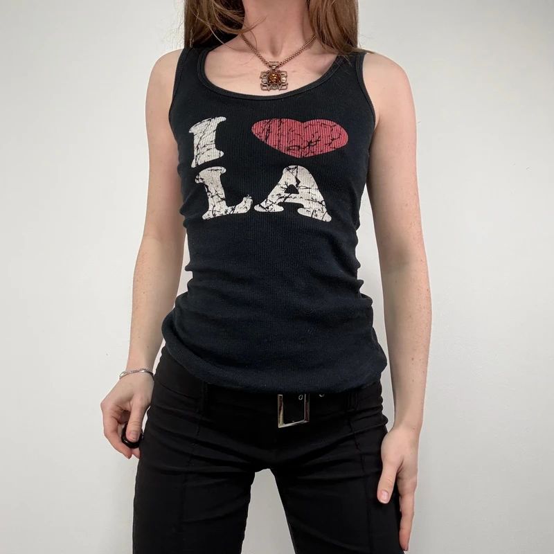 Graphic print I love LA black ribbed vest top