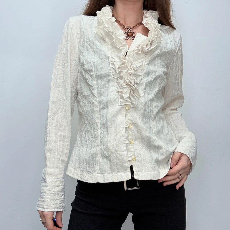 white pinstripe ruffle shirt