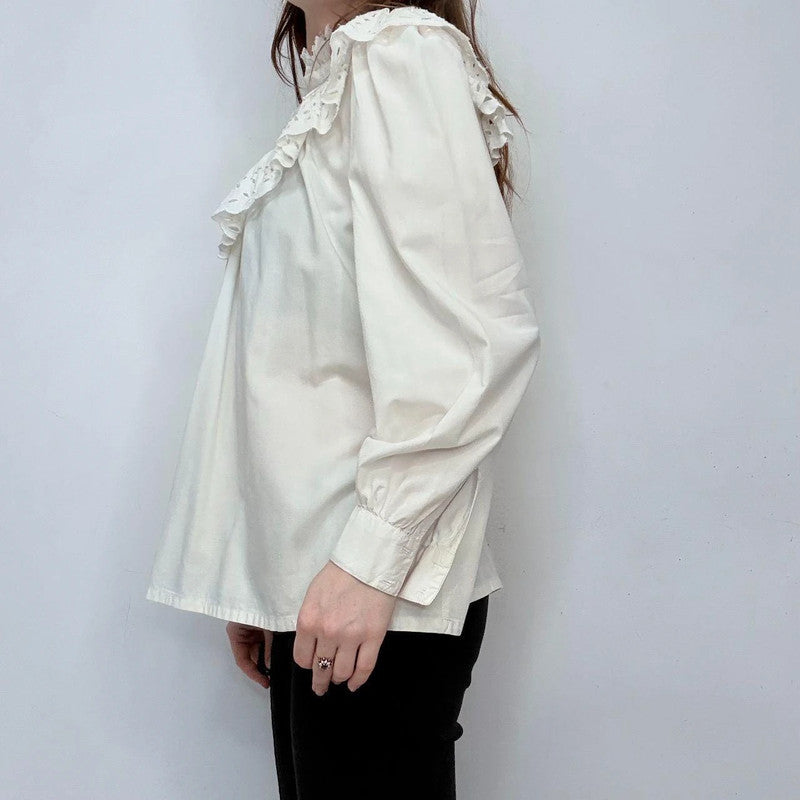white cotton puff lace high neck shirt