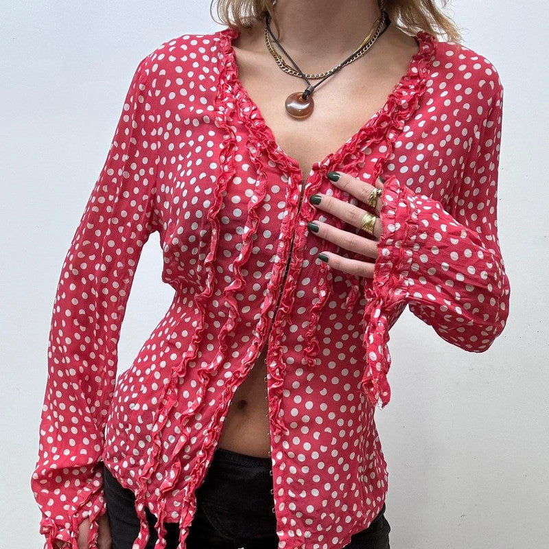 polka dot ruffle blouse