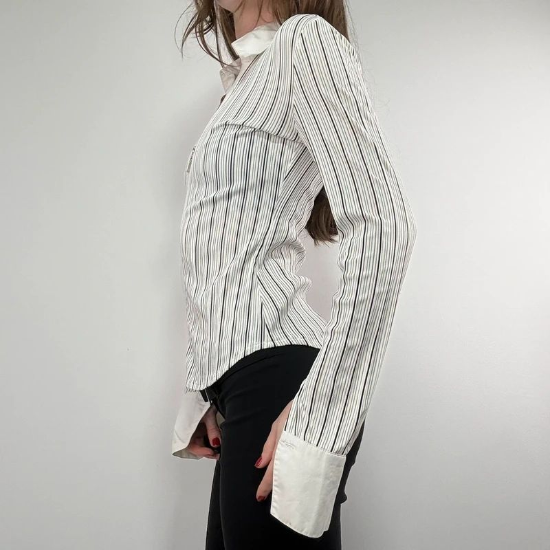 zip through pinstripe fitted white shirt
