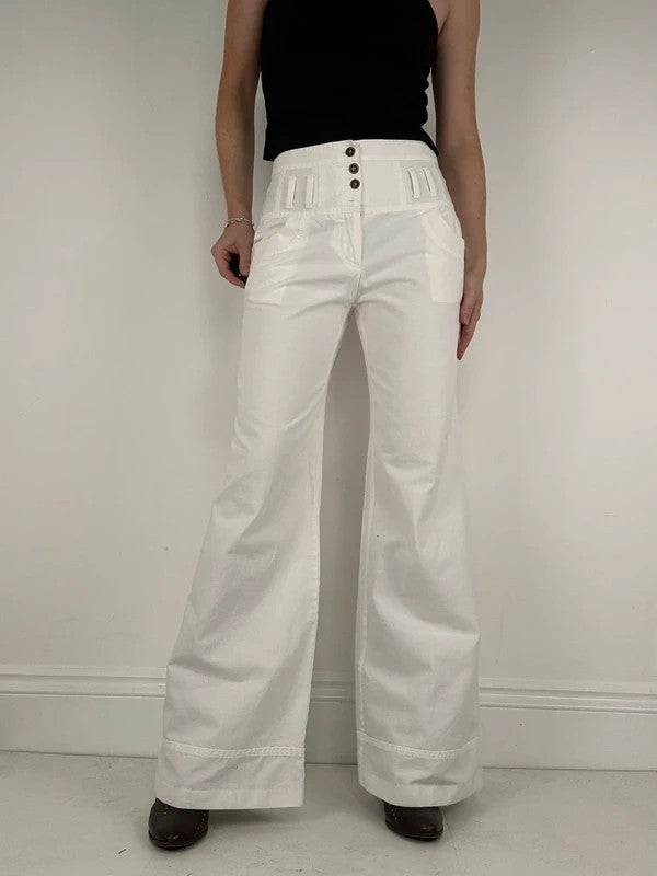white flared wide leg button front cotton trousers