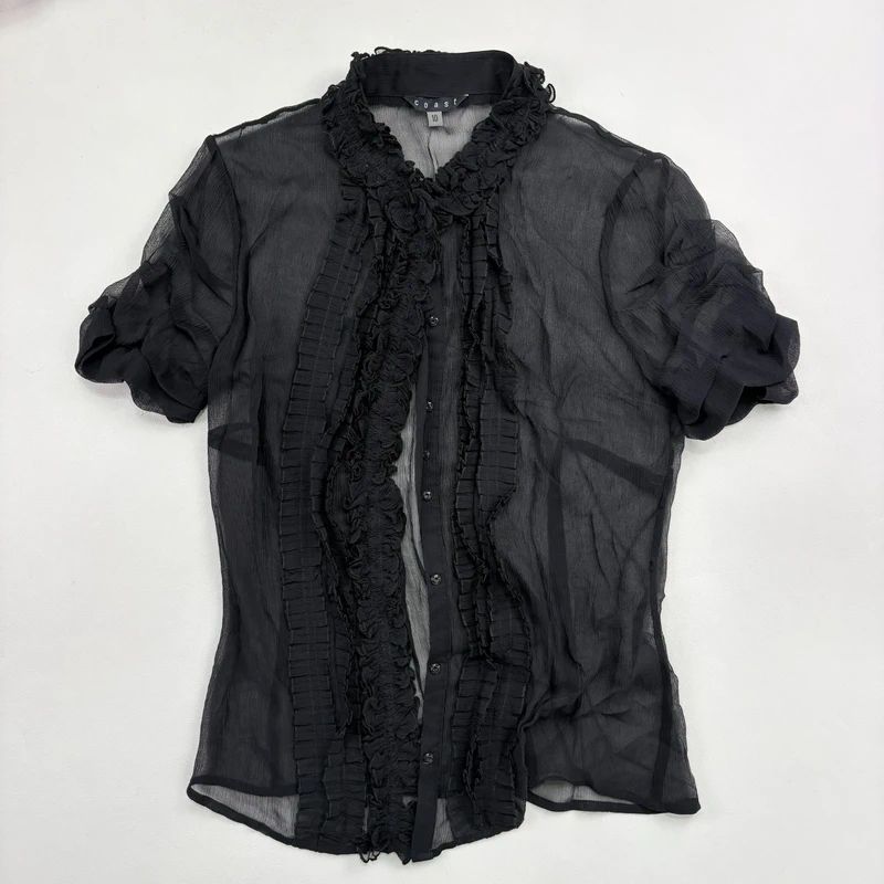 black sheer silk ruffle shirt with short sleeves