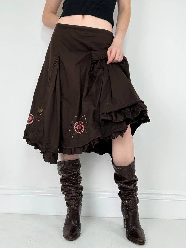 Brown cotton pleated flare boho floral skirt
