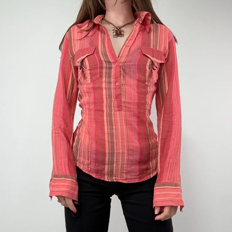 Pinstripe Sheer Flared cotton Cargo Shirt