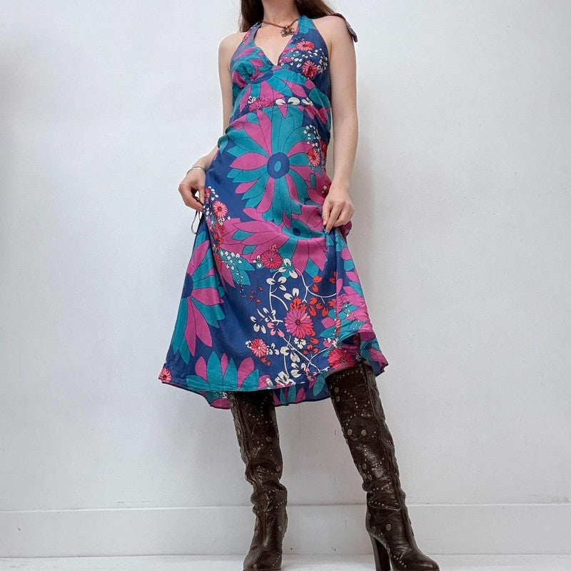 graphic flared silk summer floral dress