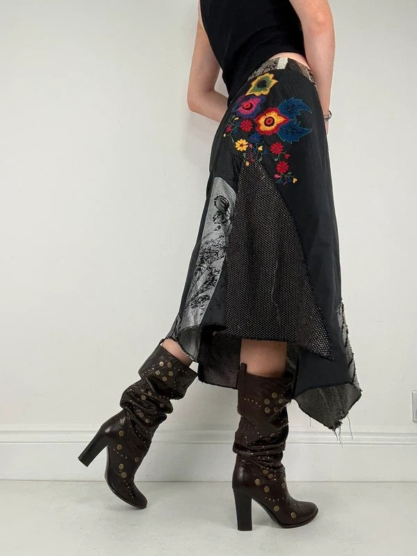 Patchwork embroidered asymmetric skirt