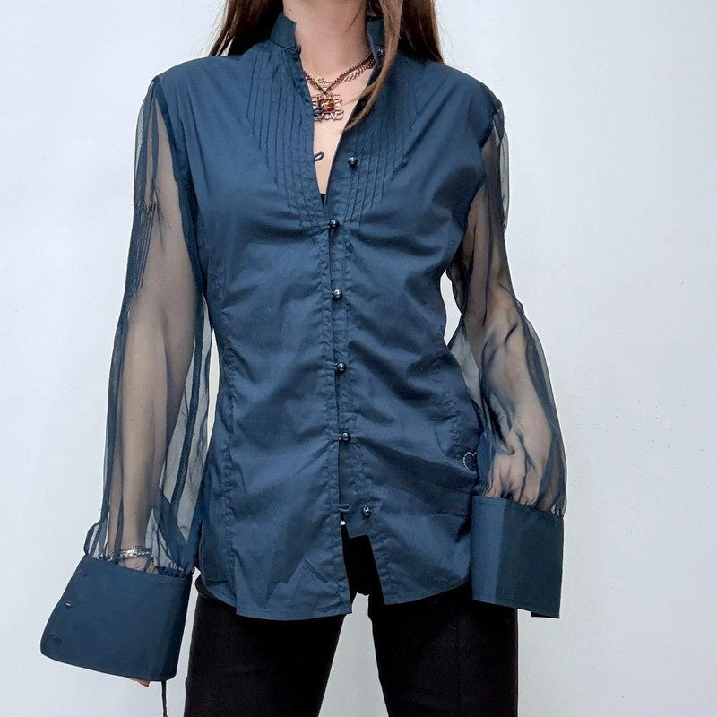 navy fitted shirt sheer puff sleeves