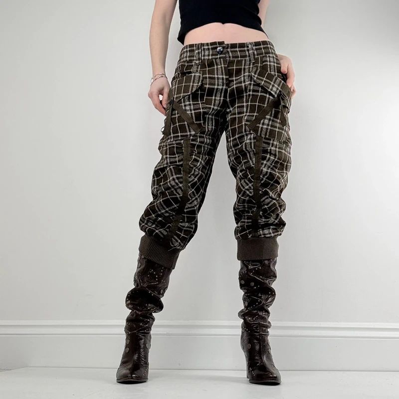 khaki tartan puff cinched capri trousers