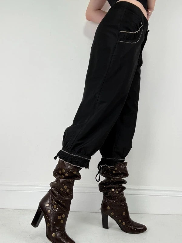 black capri pants pleated ruffle hem trousers