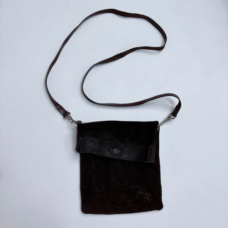 dark brown suede asymmetric fold over crossbody bag