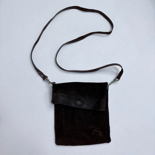 dark brown suede asymmetric fold over crossbody bag