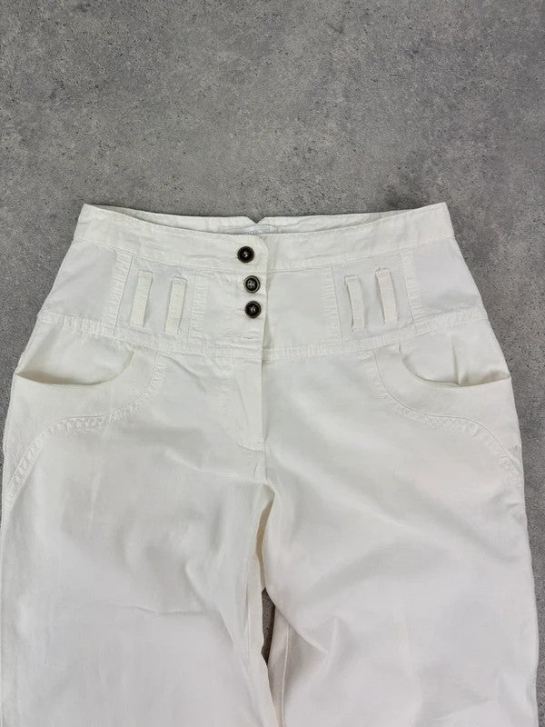 white flared wide leg button front cotton trousers