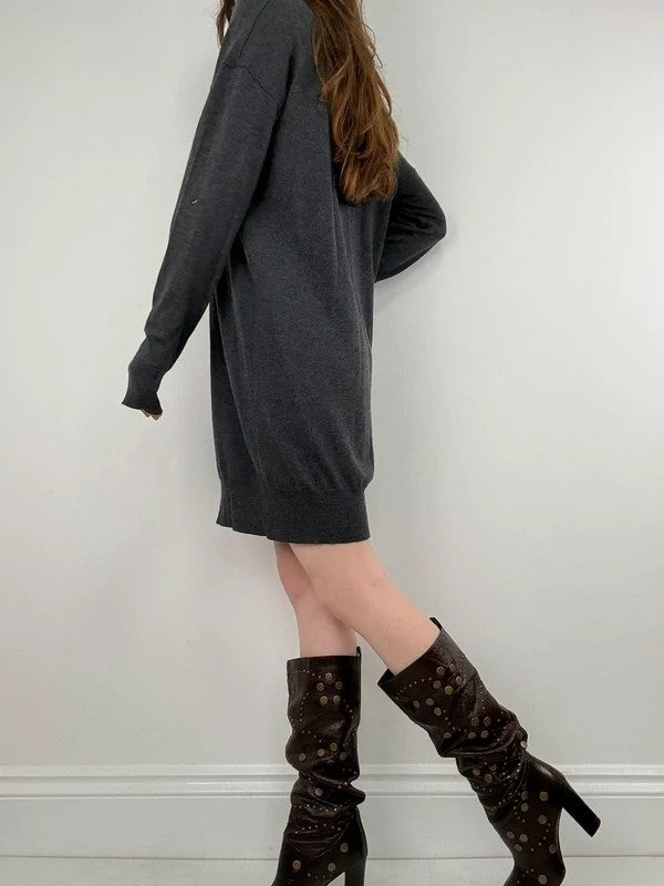 slouchy grey knitted off-the-shoulder v-neck long sleeve dress