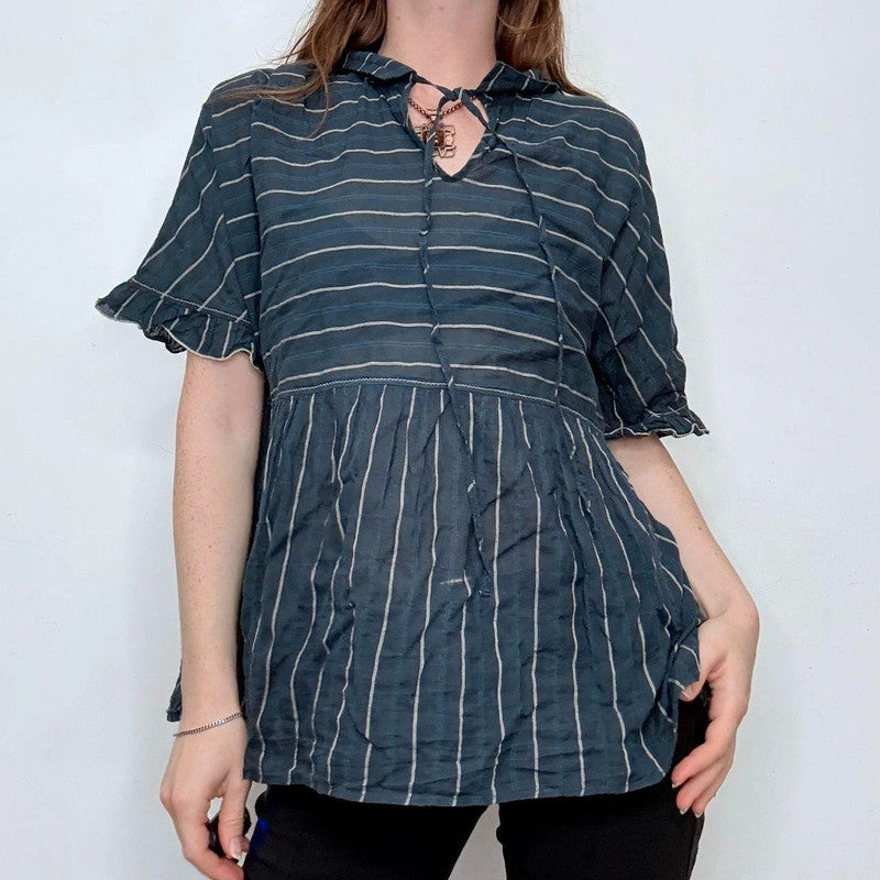 navy cotton striped flared shirt