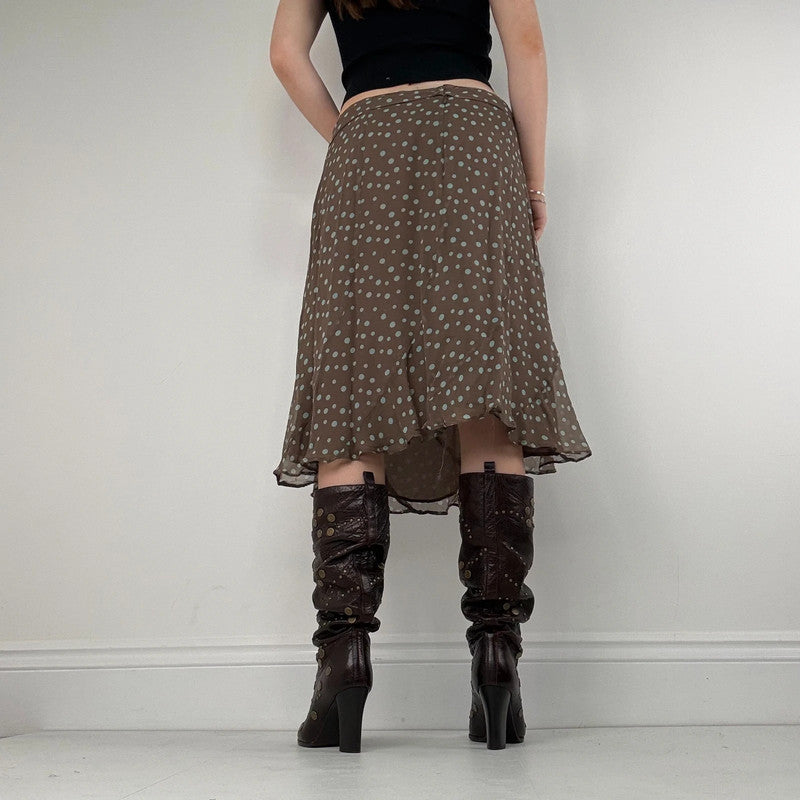 polkadot brown silk flared bias cut midi skirt