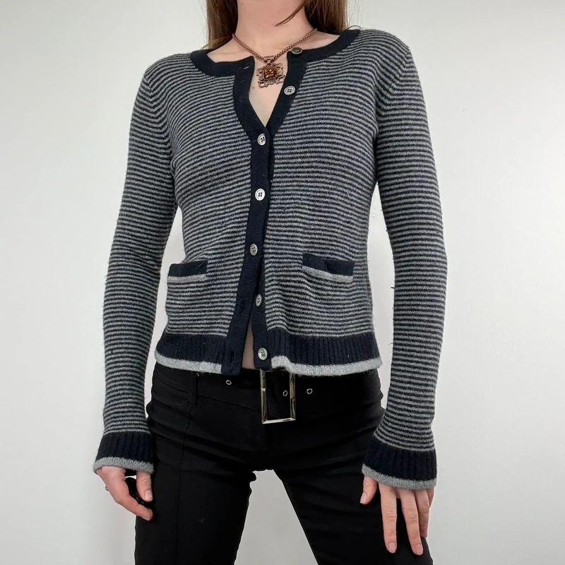 navy pinstripe button up cardigan crewneck