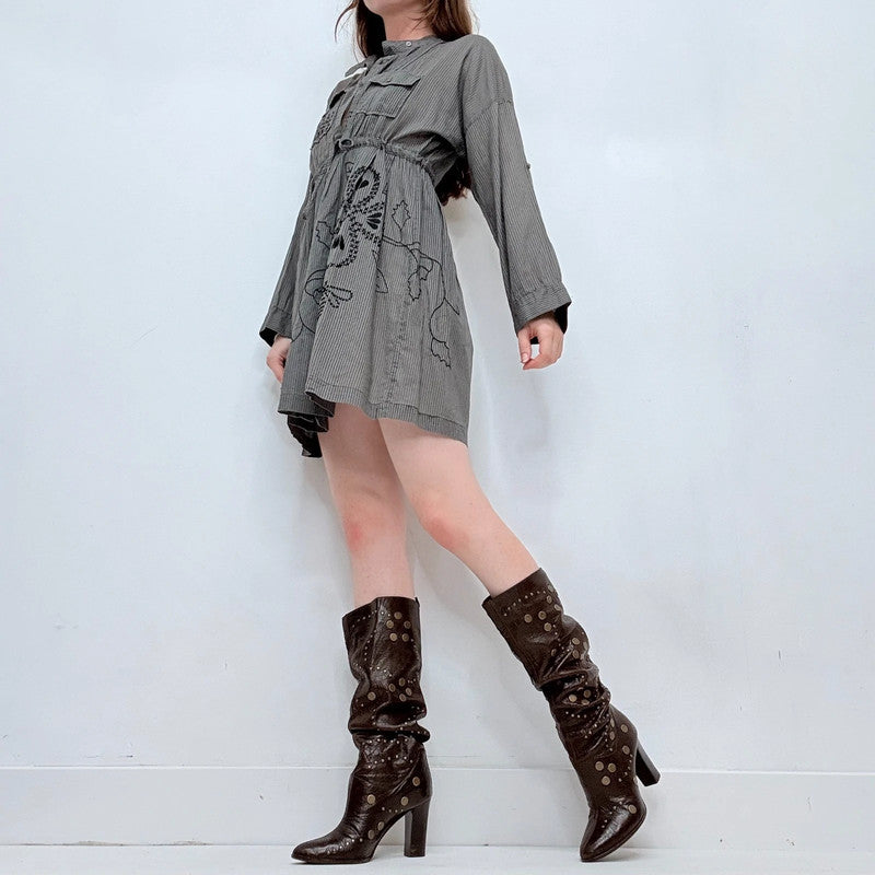 grey pinstripe long sleeve shirt dress