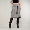 grey pleated puff graphic midi skirt