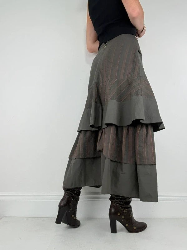 Khaki layered pinstripe maxi skirt