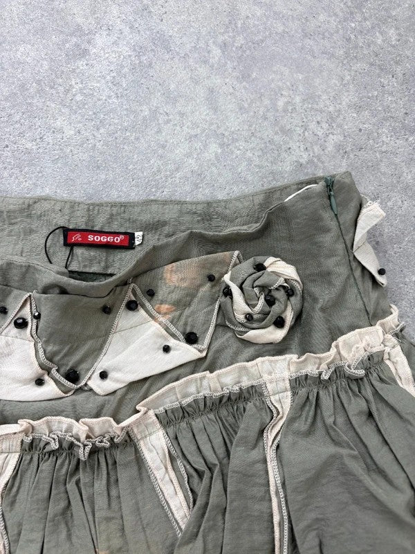 khaki pleated drop waist midi skirt
