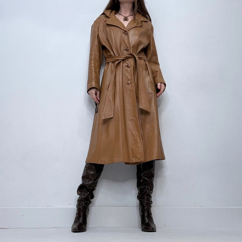 tan leather long trench coat