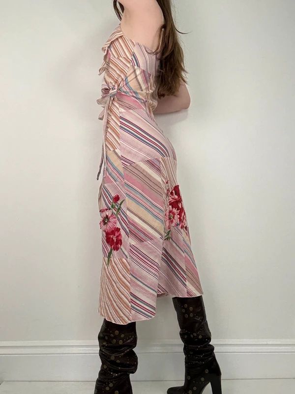 pink pinstripe flared ruffle maxi dress