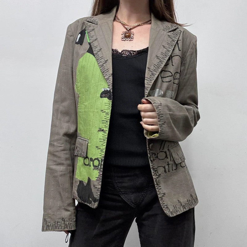 khaki pinstripe graphic printed blazer jacket