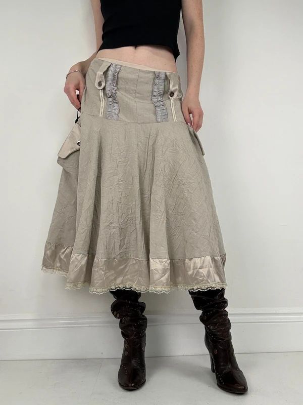 Khaki flared ruffle drop waist midi skirt