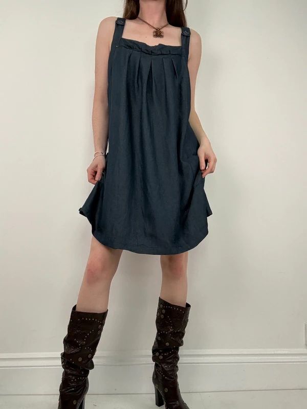 pleated denim mini pinafore dress