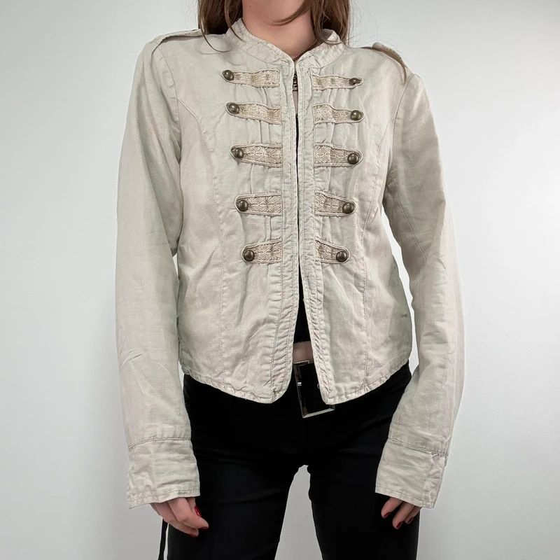 cotton khaki distressed button military jacket