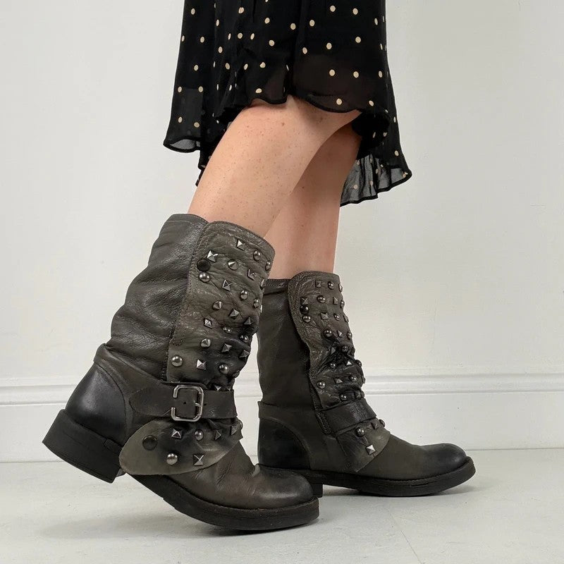 Grey studded slouchy leather boots