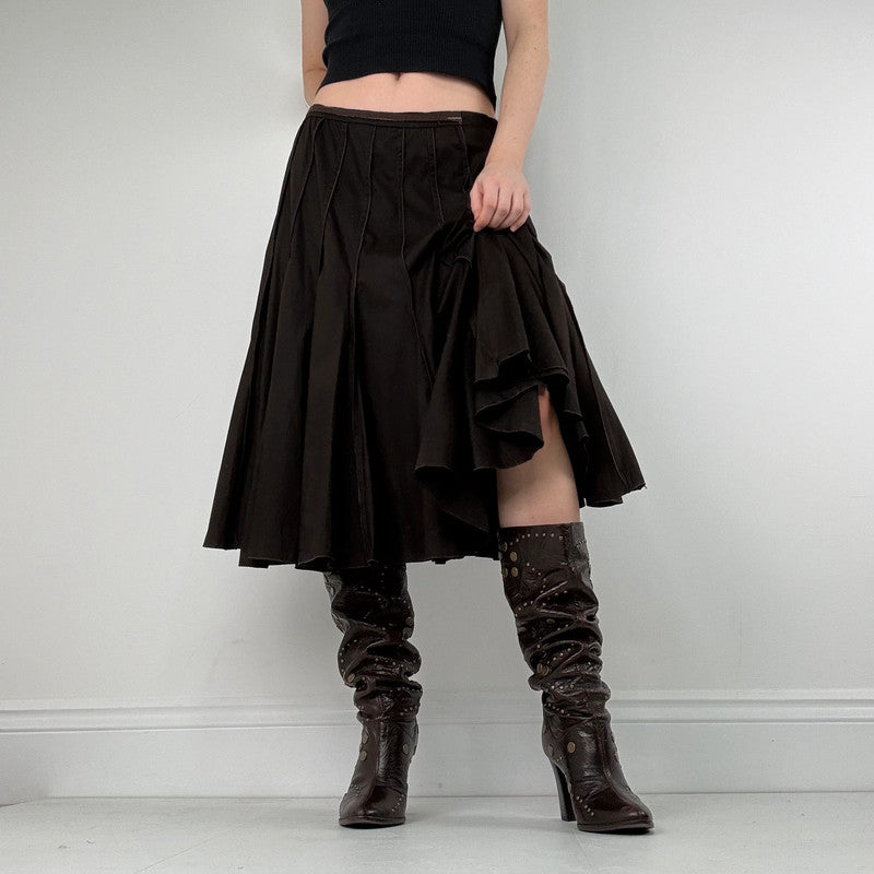 Brown pleated flared layered midi skirt