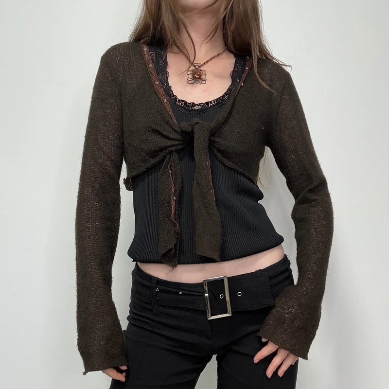 brown mohair knit cropped cardigan