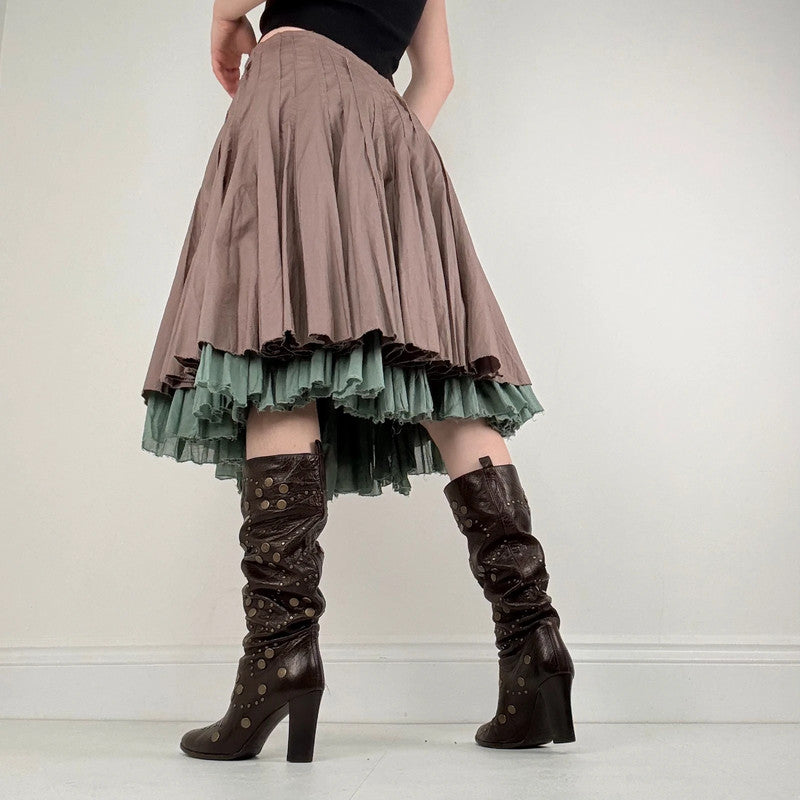 pleated flared cotton midi skirt
