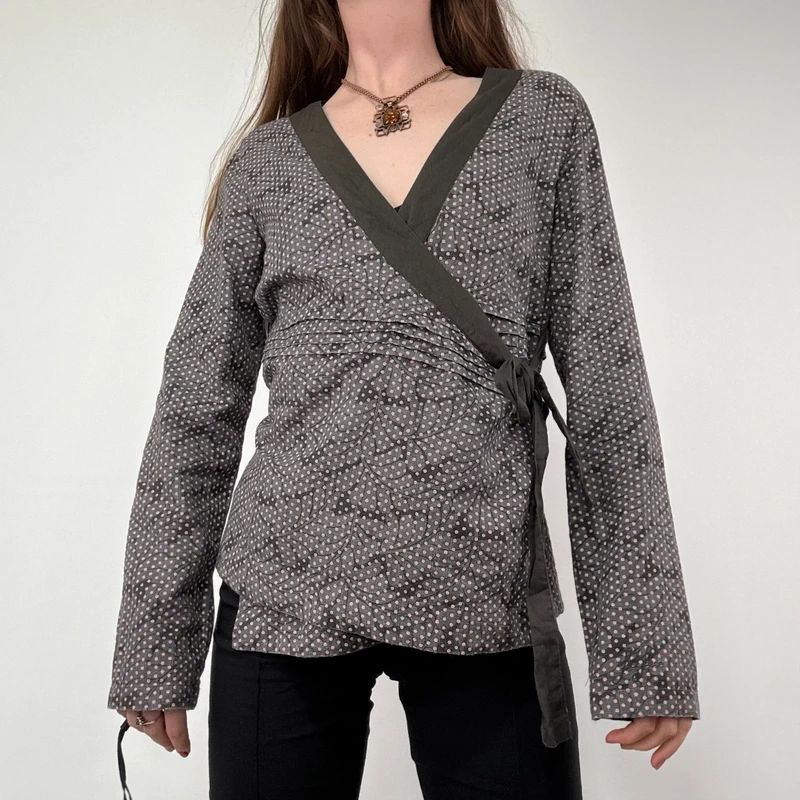 brown polkadot wrap shirt