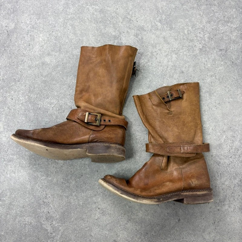Tan leather buckle biker boots